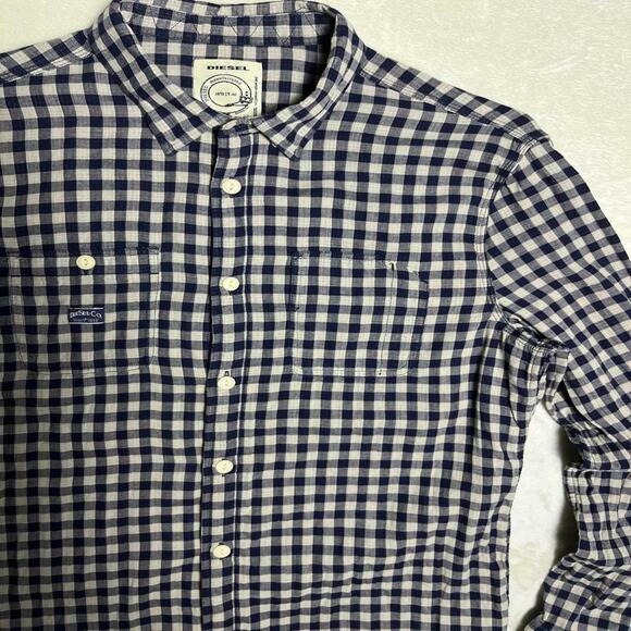 Diesel Gingham Plaid Oxford Shirt Men's XL Blue Button Up Cotton but Feels Linen - Picture 2 of 12